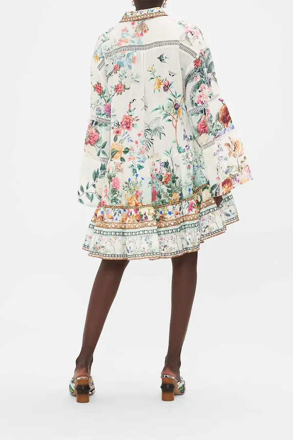 TIERED DRESS WITH LACE TRIM AT YOKE