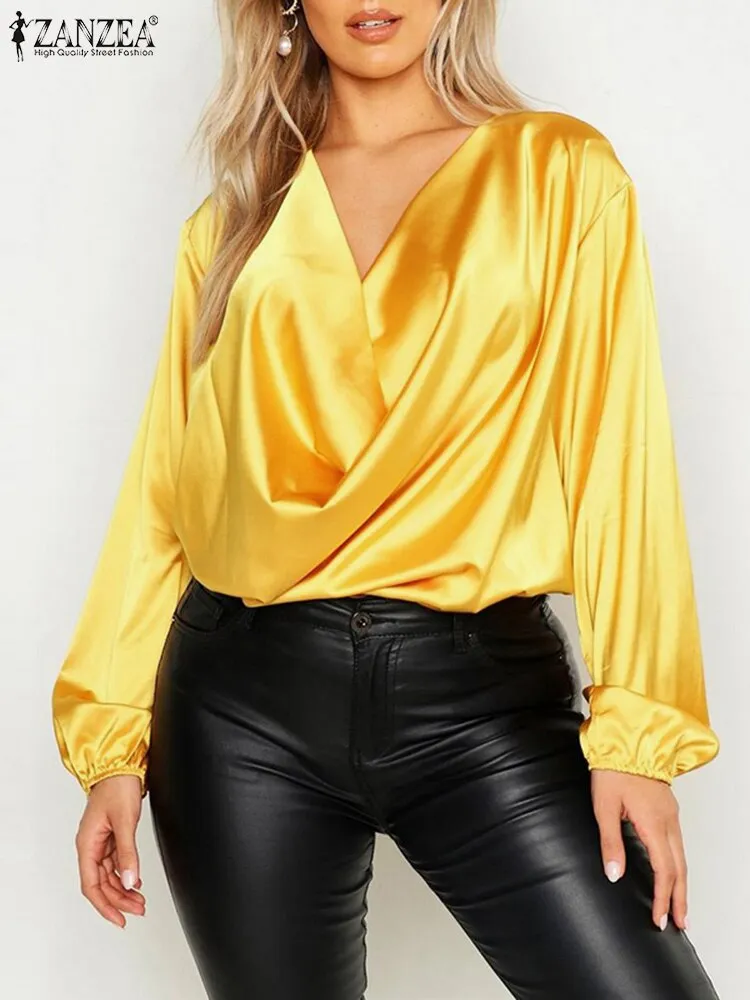 V Neck Chemise Oversized Elegant Satin Pleated Tops
