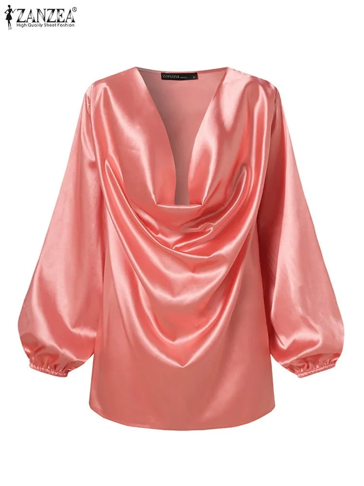 V Neck Chemise Oversized Elegant Satin Pleated Tops