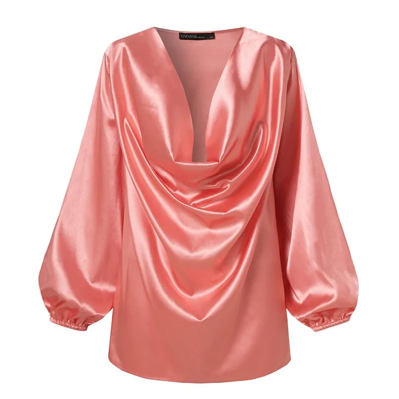 V Neck Chemise Oversized Elegant Satin Pleated Tops