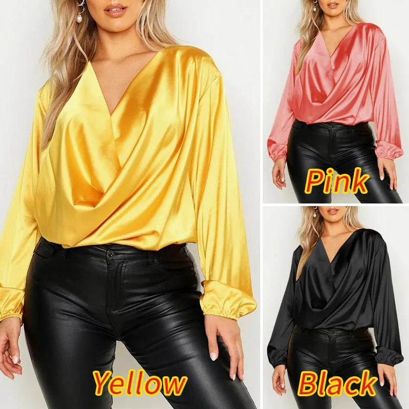V Neck Chemise Oversized Elegant Satin Pleated Tops