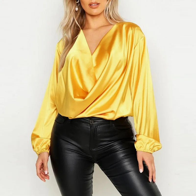 V Neck Chemise Oversized Elegant Satin Pleated Tops