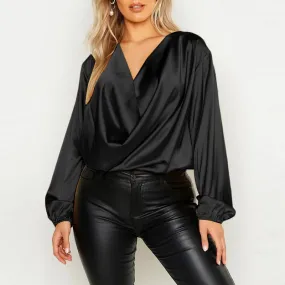 V Neck Chemise Oversized Elegant Satin Pleated Tops