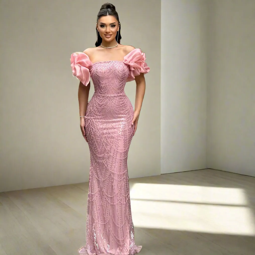 Vera | Off-Shoulder Pearl Embellished Mermaid Evening Gown