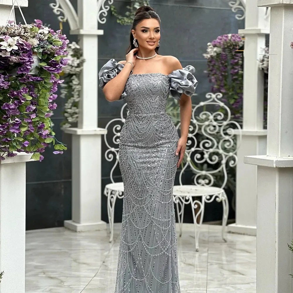 Vera | Off-Shoulder Pearl Embellished Mermaid Evening Gown