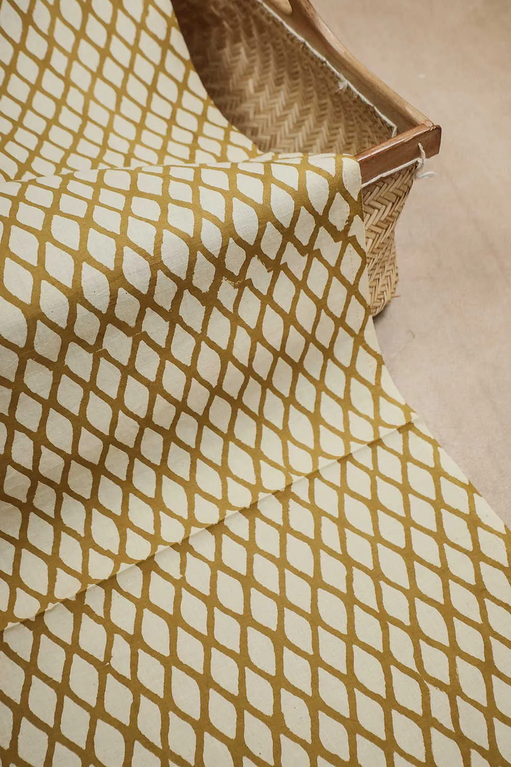 Yellow Design on Cream Bagru Cotton Fabric - 0.6m