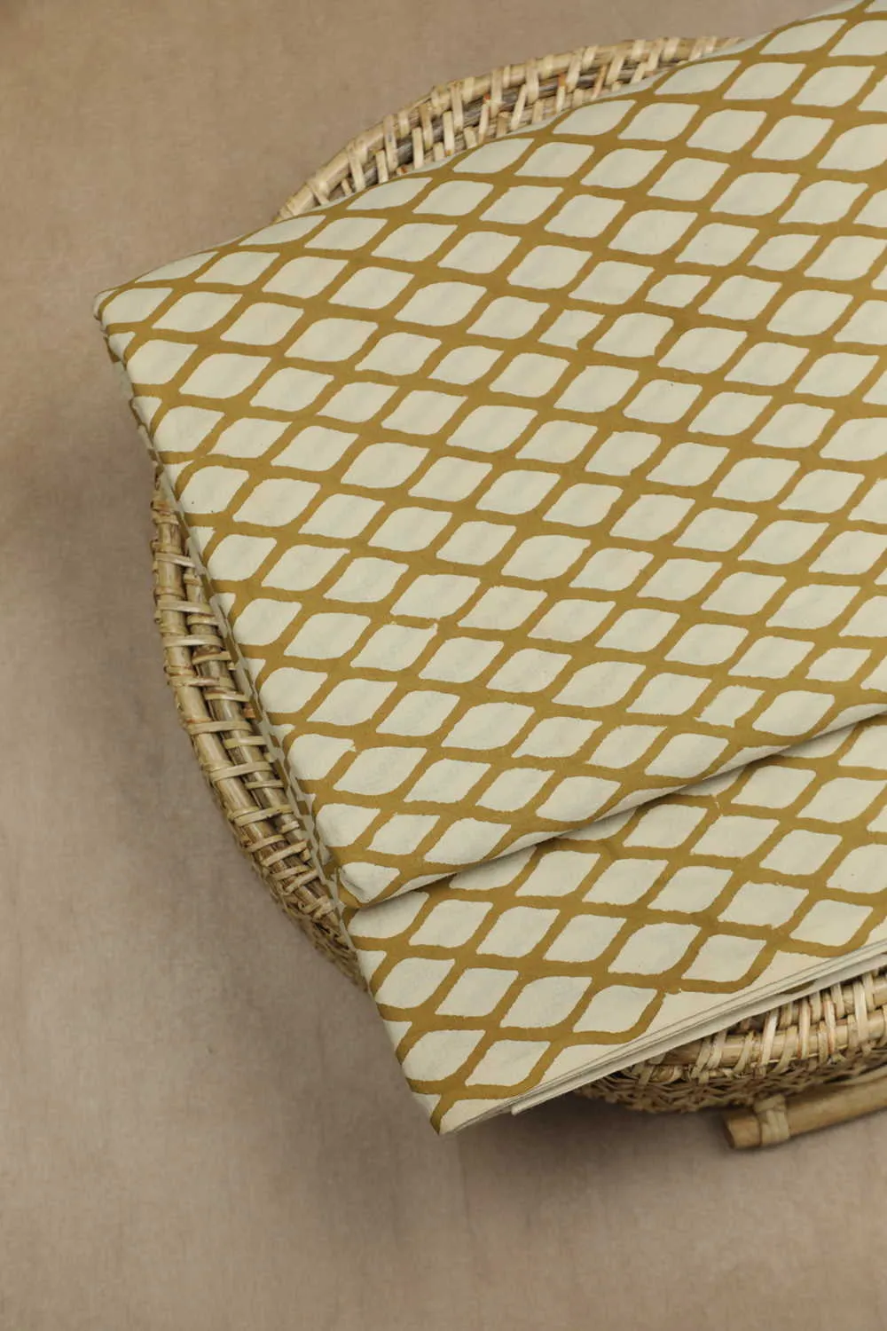 Yellow Design on Cream Bagru Cotton Fabric - 0.6m